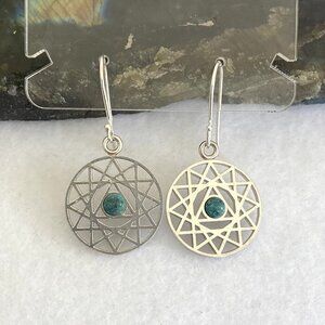 Sterling Silver Openwork Round Mandala Trinity Star Chrysocolla Dangle Earrings